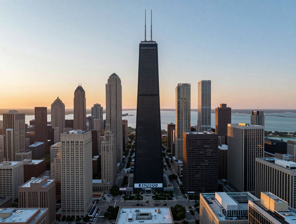 Vista aérea de la ciudad de Chicago al atardecer con el lago Michigan de fondo, representando la sede de Syntravo y su conexión con el ecosistema tecnológico del Midwest americano