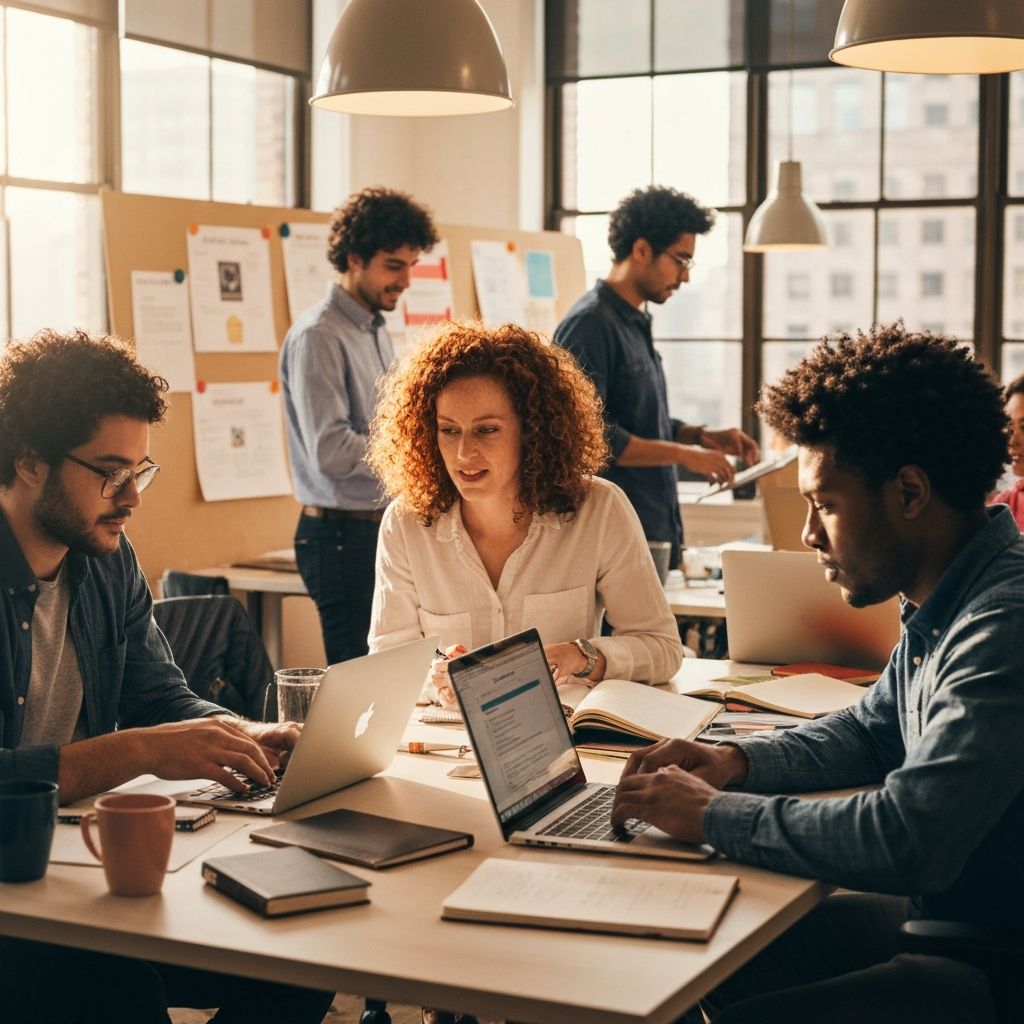 Equipo de editores y analistas de Syntravo trabajando en una oficina moderna de Chicago con laptops, cuadernos y tableros de ideas sobre inteligencia artificial
