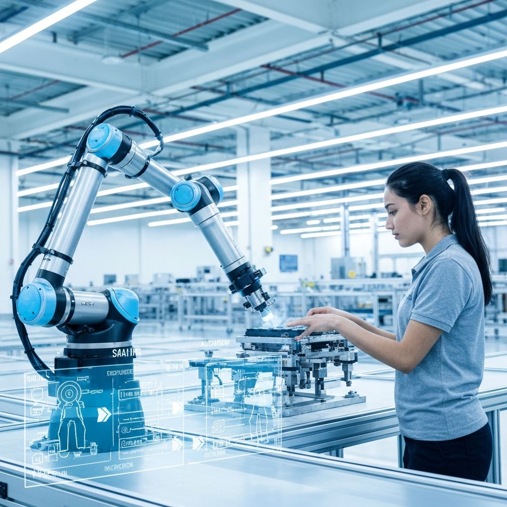 Robotic arm working alongside human worker on factory floor with digital overlay showing task distribution between human and AI systems