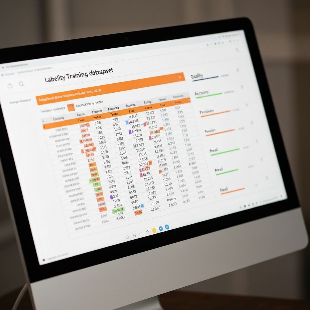 Clean organized data spreadsheet on screen showing labeled training dataset with colored categories and quality metrics for machine learning