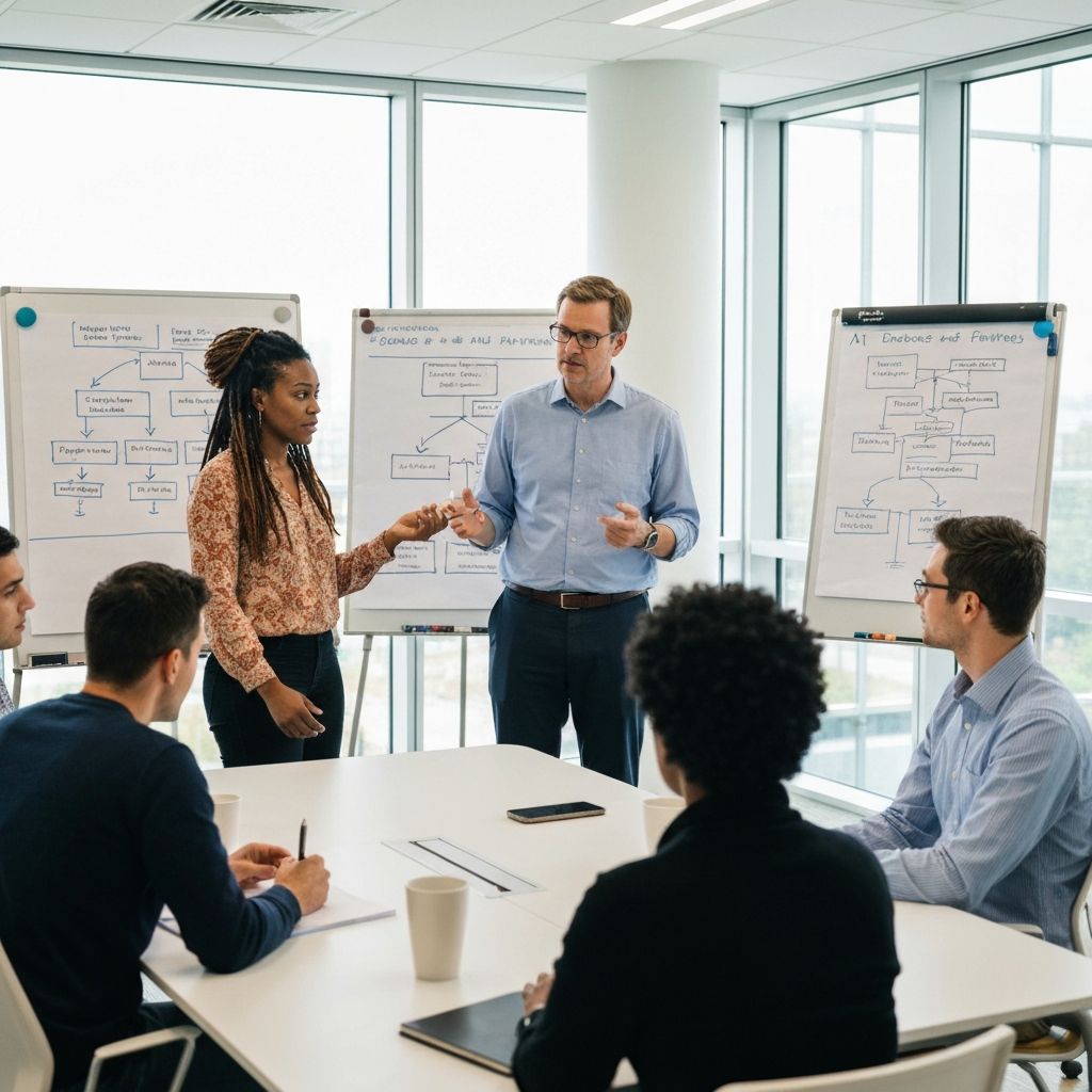 Diverse group of researchers and ethicists discussing AI bias and fairness in a modern conference room with whiteboards showing decision tree diagrams