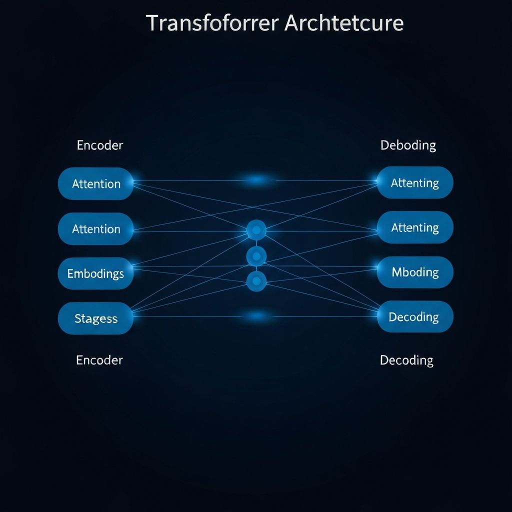 Diagrama técnico de arquitectura transformer con capas de atención, embeddings y decodificación en tonos azules sobre fondo oscuro