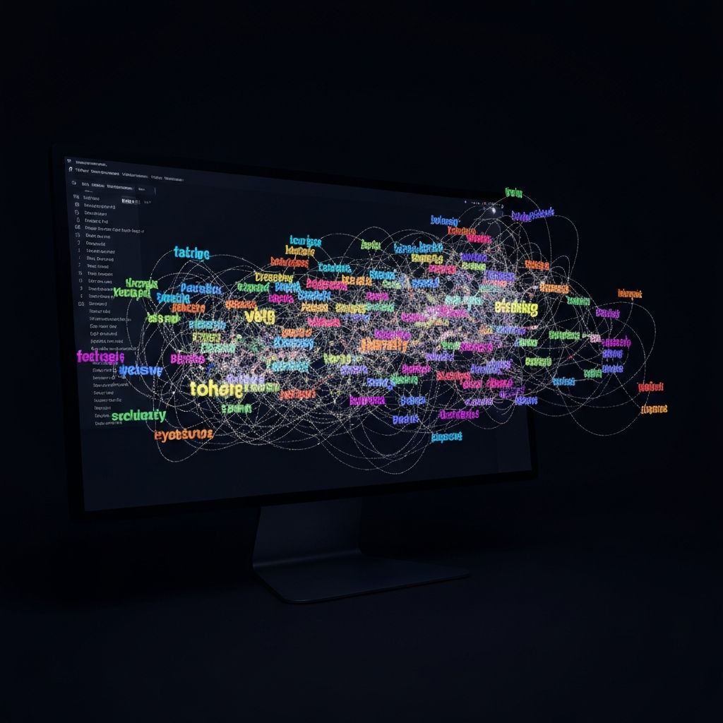 Abstract visualization of language model tokens and attention weights displayed on a dark computer screen