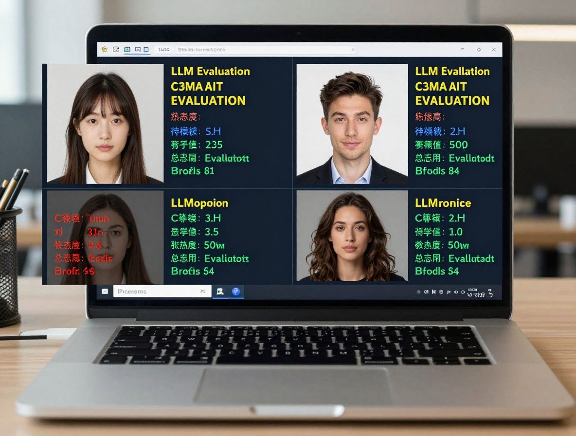 Split-screen comparison of AI model outputs on a laptop screen in a modern tech office, showing side-by-side LLM evaluation results with colored text highlighting accuracy differences