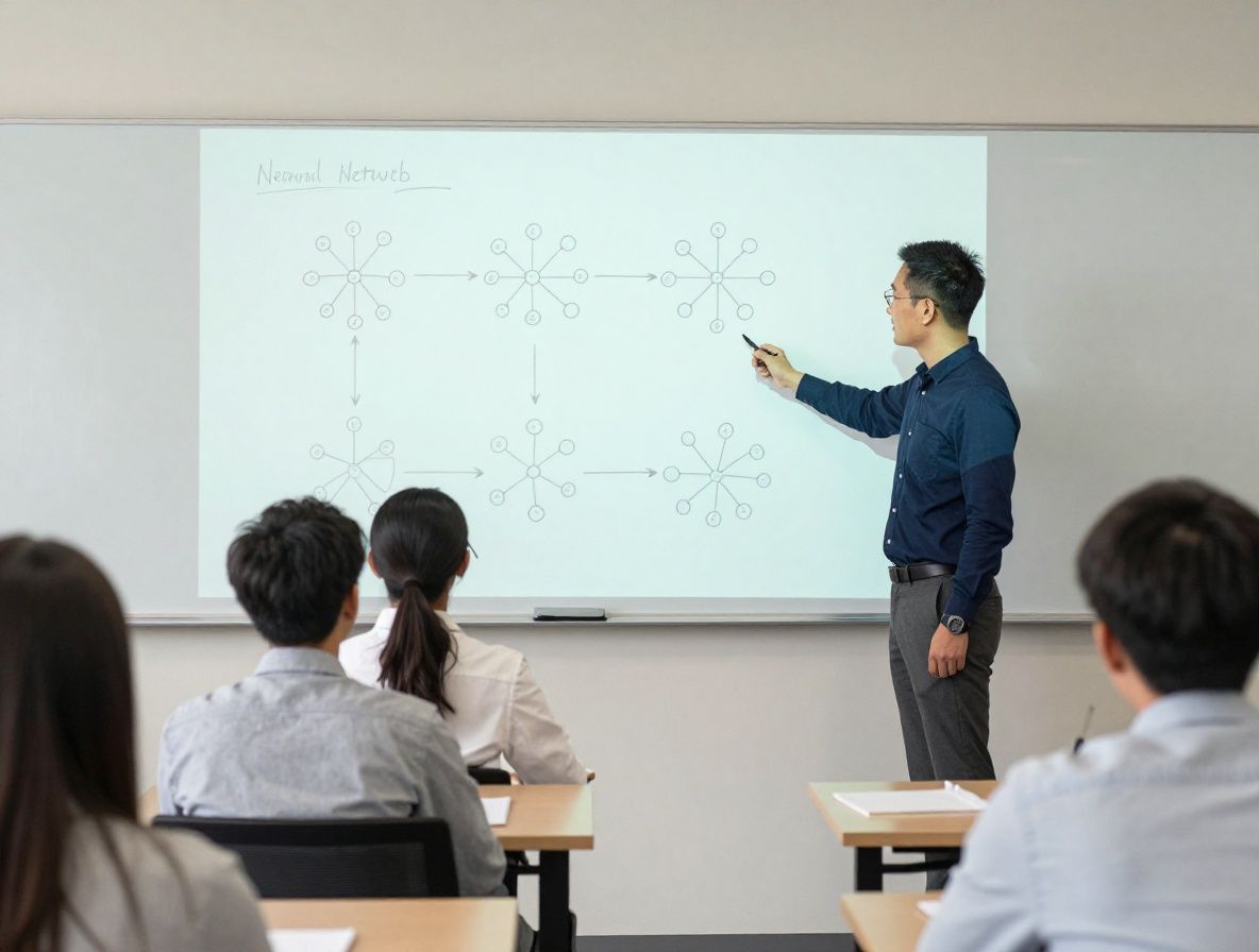 Professional instructor explaining neural network diagrams on a large whiteboard in a modern Chicago classroom setting with students taking notes