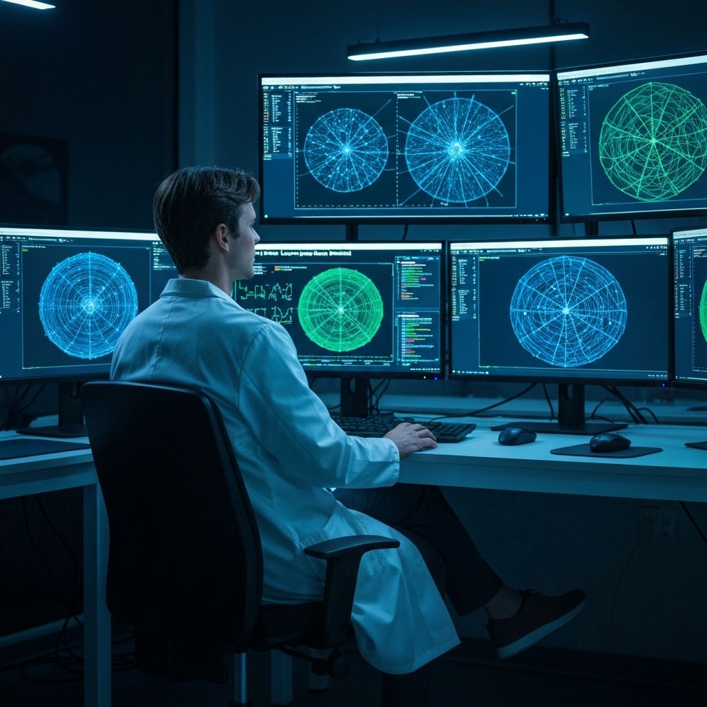 Investigadora frente a múltiples monitores con visualizaciones de redes neuronales y modelos de lenguaje grande en un laboratorio de IA moderno